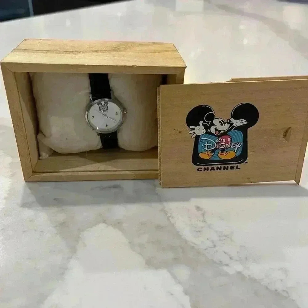 Vintage Disney Channel Mickey Mouse Wrist Watch in Wooden Case